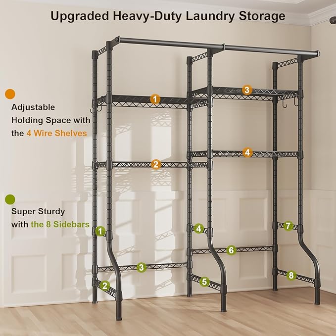 U14 Medium Over the Washer and Dryer Shelves, 4 Tiers Laundry Room Storage and Organizer System, Space Saving Clothes Drying Rack with 2 Clothes Hanger Rods, 57.8"W x 20.5"D x 77.4"H, Black