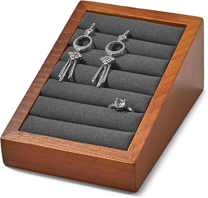 Oirlv Solid Wood Ring Tray Display Stand Slotted Jewelry Ring Showcase Display Jewelry Organizer Jewelry Holder for Trade Showcase(grey)