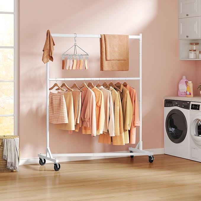 Hoctieon Double Rod Clothes Racks with Z-Base, Adjustable Clothing Rack, Standing Clothes Rack, Metal Clothing Racks for Hanging Clothes, Rolling Garment Rack, White