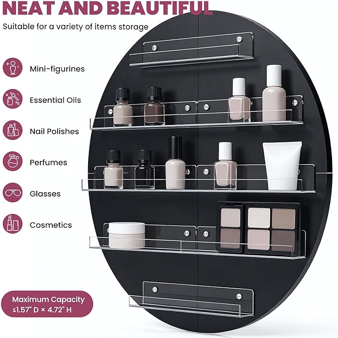 Wall Mount Nail Polish Organizer, Wood Nail Polish Rack w/Acrylic Barrier, 5-Tier Round Storage & Display Shelf, Perfume Essential Oil Bottles Holder, Black