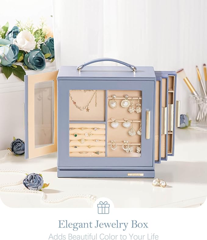 Homde Christmas Gifts Jewelry Box 360° Rotating, Necklace Earring Organizer with Transparent Window, Mirror, 7 Drawers, Large Ring Display Storage Case for Girls Women (Grey Blue)