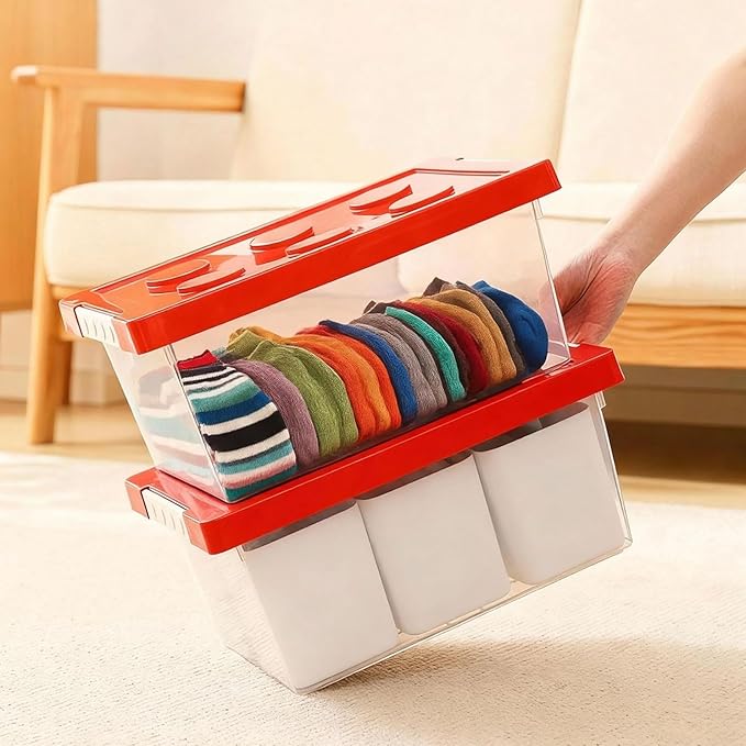 loobuu Plastic Storage Bins with Lids, Art Craft Supply Organizer Box with Brush Pot, Multipurpose Stackable Storage Containers for Organizing Tool, Craft, Crayon,Sewing (Red)