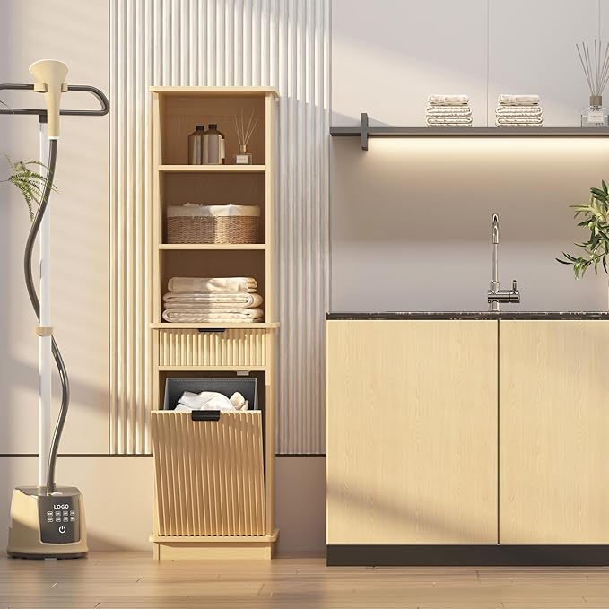 Natural Tilt Out Laundry Hamper Tall Bathroom Storage Cabinet Hidden Laundry Hamper Cabinet with Drawers and Baskets for Bathroom Hamper with Storage for Bedroom,16x16x59in