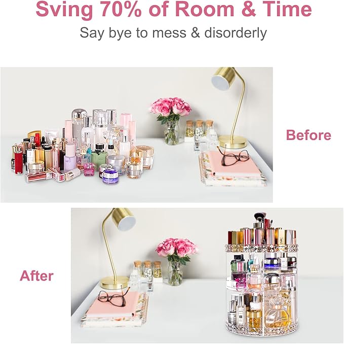 V-HANVER Makeup Organizer Combo - 360° Rotating Makeup Organizer with 7 Adjustable Layers Acrylic Skincare Organizer Large Cosmetic Display Case Clear Perfume Organizer with Makeup Palette Organizer