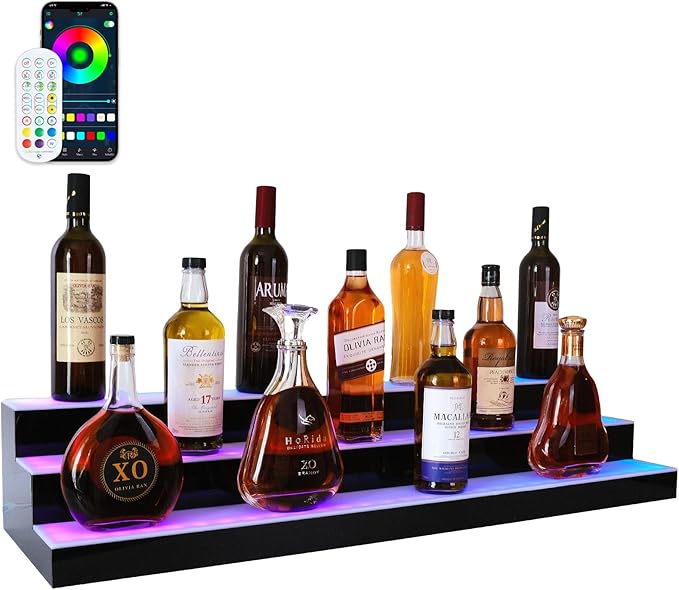 Led Lighted Liquor Bottle Display Shelf, 40 Inch 3 Tier Whiskey Rack, Support USB, Bar Stand with RF Remote & App Control, Illuminated Acrylic Lighting Shelves for Home Bar, Party