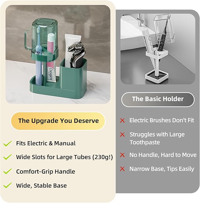 Toothbrush Holder with Cup/Cover Contains 2 Slots, Bathroom Counter Organizer for Electric Toothbrush, Toothpaste, Razors & Small Comb, Tooth Paste Holder for Home Hotel Countertop, Green