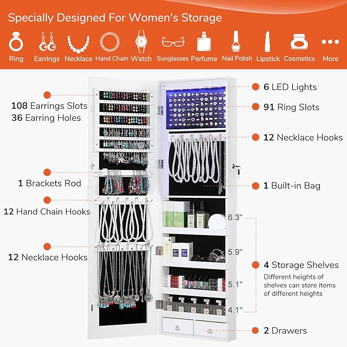 GISSAR Full Length Mirror Jewelry Cabinet, 6 LEDs Jewelry Armoire Wall Mounted Over The Door Hanging, Jewelry Organizer Storage with Lights Lockable, Bright White, 14.6" x 47.2"