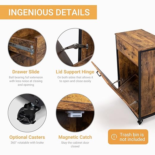 VINGLI 13 Gallon Tilt Out Trash Cabinet, Wood Hidden Trash Can Kitchen Cabinet with Drawer, Movable/Freestanding Pet Proof Storage Organizer, Laundry Basket Living Room Storage, Rustic Brown