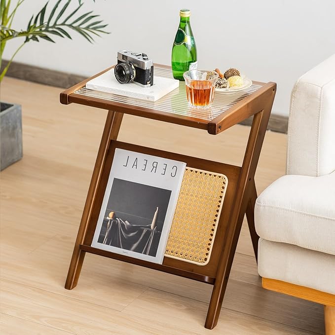 Giantex Rattan Side Table, Boho Nightstand with Glass Top & Magazine Rack, End Table with Storage, Bamboo Bedside Table for Small Space Living Room Bedroom (2, Walnut)