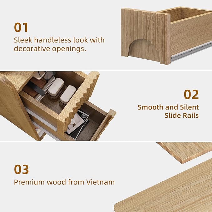 Slim Bedside Table Set of 2, Narrow Nightstand with Drawers, Fluted Wood Nightstand, Mid Century Modern End Table, Skinny Tall Nightstand, for Bedroom Natural