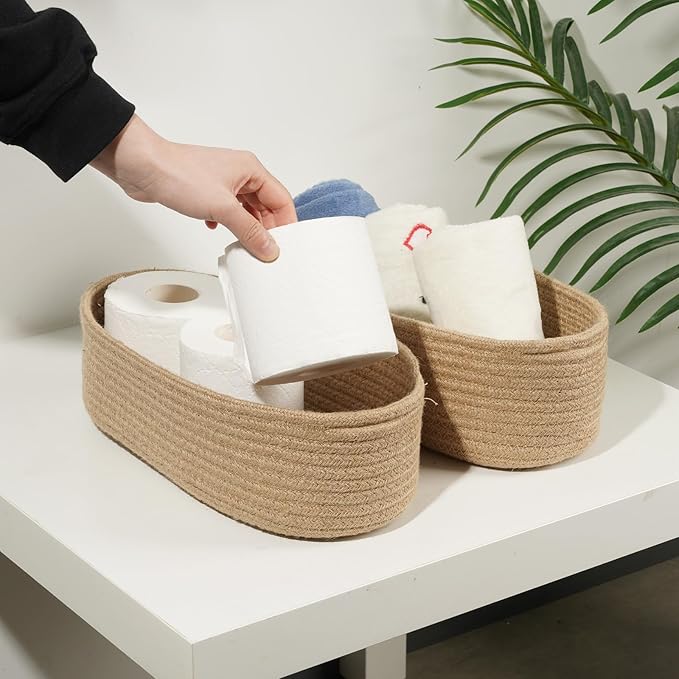 Temary Toilet Paper Basket, Narrow Cotton Rope Storage Bins with Handles, 2 Pack Small Decorative Baskets for Organizing Bathroom, Bedroom, Living Room (Jute, 13x5.9x3.9)