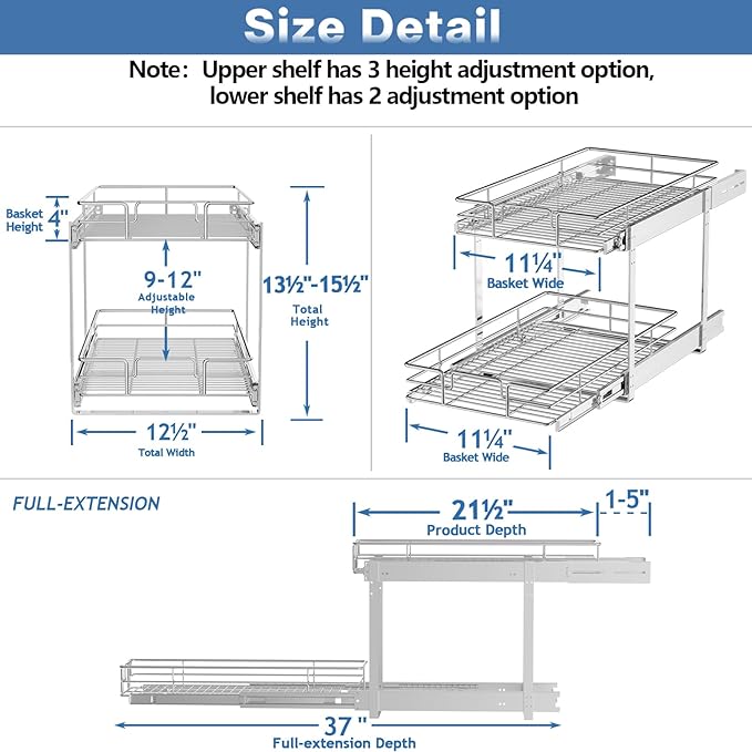 2 Tier Individual Pull Out Cabinet Organizer 12½" W x 21½" D, Heavy Duty Cabinet Pull Out Shelves, Slide Out Drawers Organization for Kitchen Cabinets Bathroom