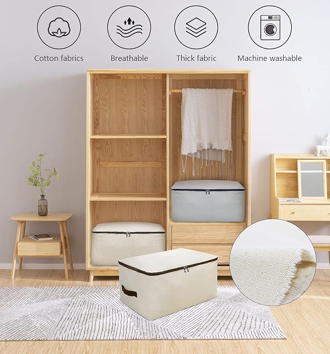 Pack of 2, 100% Natural Canvas Cotton Large Size Storage Bags for Queen/King Size Bedding Sheet, Blankets, Winter Clothes Organizer Containers, Light Gray