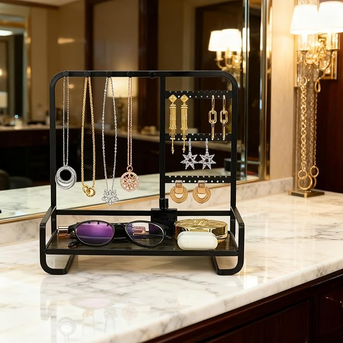 Jewelry Holder, Jewelry Organizer Display Holder with Metal Frame, Jewlery Stand with Metal Frame and Wooden Base, Display With Storage Bottom Plate for Earrings for Necklace Bracelet Earring Ring