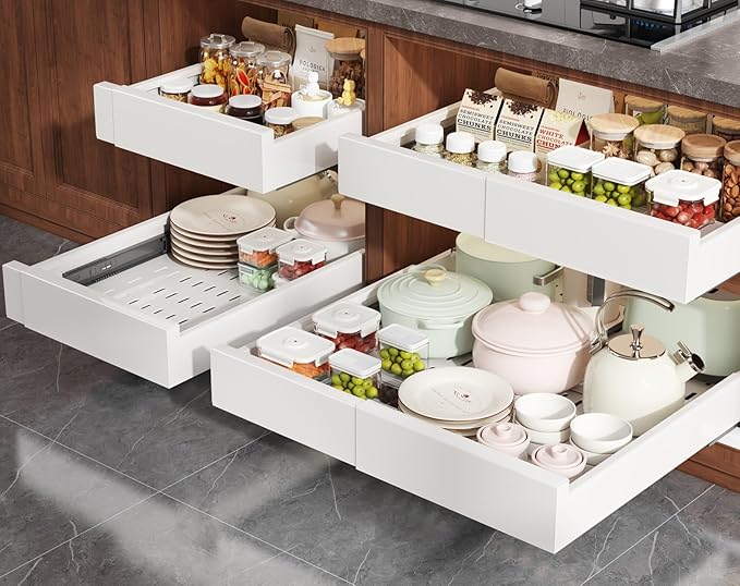 4 Pack Pull Out Cabinet Organizer Expandable Width(13"-21") and Depth(17"-24"),Slide Out Drawers With Raising Pad for Framed Cabinets,No Drill Roll Out Shelves for kitchen,Bathroom,White