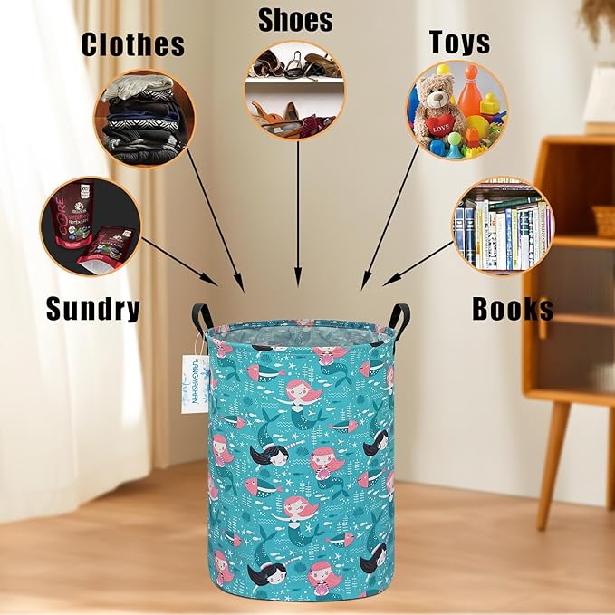 LANGYASHAN Storage Bin, Canvas Fabric Collapsible Organizer Basket for Laundry Hamper,Toy Bins,Gift Baskets, Bedroom, Clothes,Baby Nursery (Round Mermaid)
