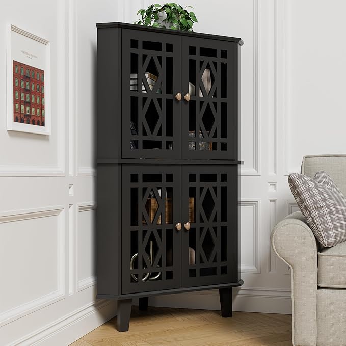 Scurrty Tall Corner Shelf Stand, Large Shelf Corner Table Sideboard Cabinet with 4 Doors and 4-Tier Shelves, Free-Standing Storage Organizer for Living Room, Dining Room & Bathroom (Black)