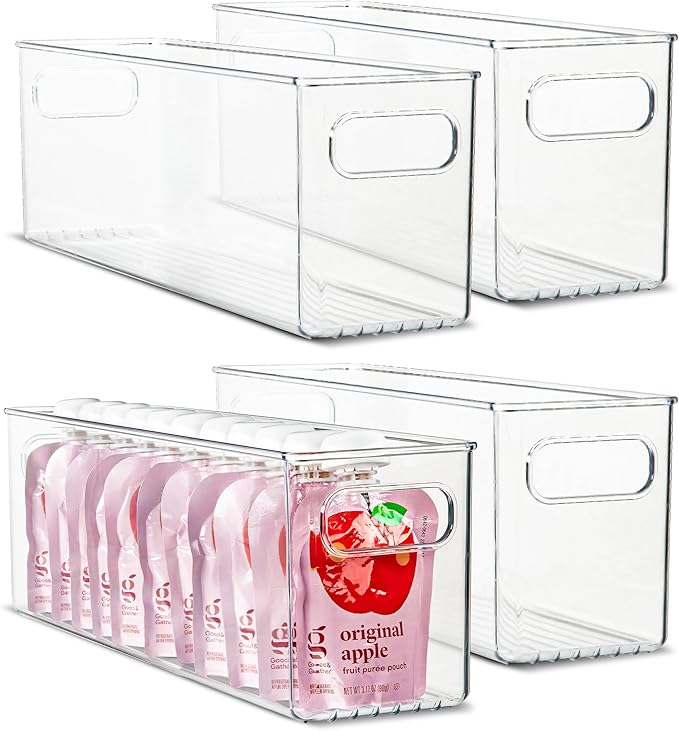 primebox Plastic Food Storage 4 Pack Clear Container Bin with Handles for Organizing Kitchen, Pantry, Fridge, Freezer, Pantry,Bathroom. 16"x4"x5"
