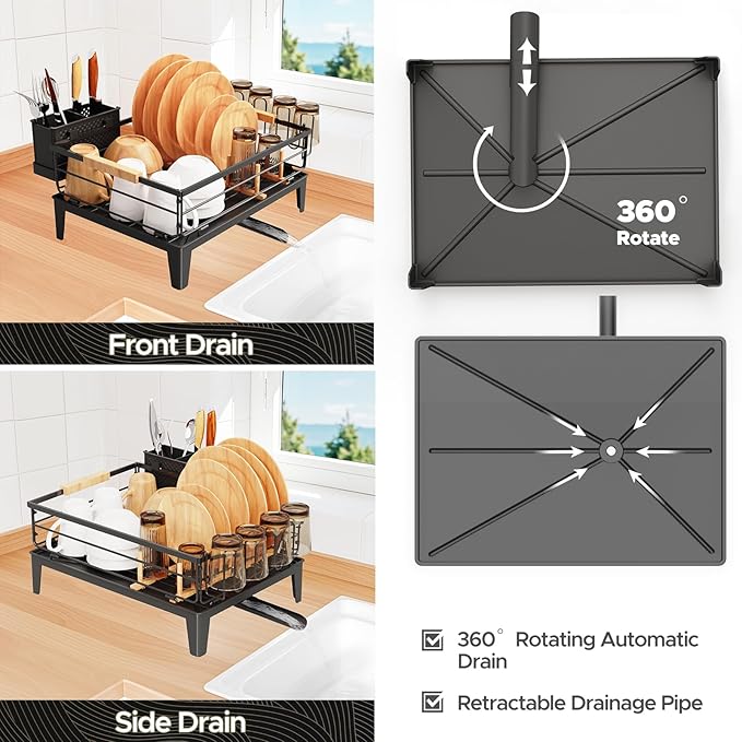 JYPS Dish Drying Rack for Kitchen Counter Decor with Drainboard Auto-Drain，Rustproof Dish Rack Drainers with Utensil Holder, Wooden Handles，360° Rotatable Drainer, Higher Legs (Black)