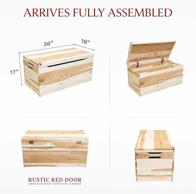 Amish Made Wooden Storage Chest Trunk Box with Lid and Handles for Bedroolanket, Clothes, Anti-Slam Hinges, Handmade, Rustic Hickory Wood, Natural Stain, 36"