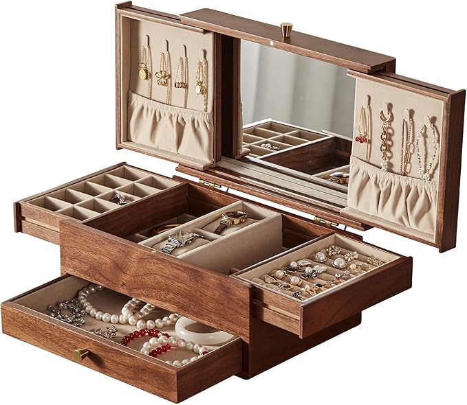 Wooden Jewelry Box for Women, 3 Level Multi-functional Drawers Black Walnut Jewelry Organizer Box, Watch, Necklace, Ring, Earring Storage Gifts(With Mirror B)