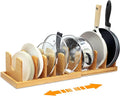 MinBoo Bamboo Expandable Pot Lid Organizer, Pot and Pan Organizer Drawer Organizer for Pot Lids, Adjustable 8 U-Shaped Dividers for Kitchen Cabinet Organizers and Storage (Bamboo-1)