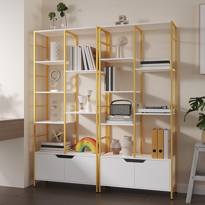 Bookshelf with Doors, 6-Tier Shelf with Storage Cabinet, 67" Tall Open Bookcase for Display, Industrial Retro Bookcase, Freestanding Storage Organizer Bookshelf for Living Room, White