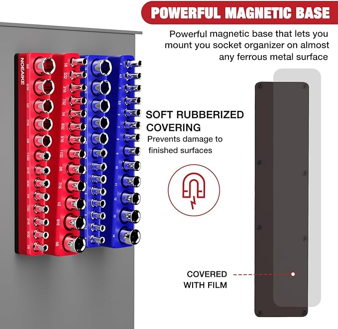 1/4 Inch Magnetic Socket Organizer,2-Pack Metric &SAE Sockets Holder Set 1/4" Drive Socket Trays,Holds 52 Pcs Standard and Deep Size Sockets(Socket not Included)