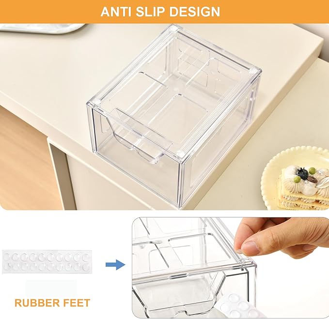 Stackable Makeup Organizer Storage Drawers Set of 4, Clear Plastic Organizer Bins for Beauty Supplies,Ideal for Vanity, Bathroom,Cabinet,Pantry Organization (4 Short)