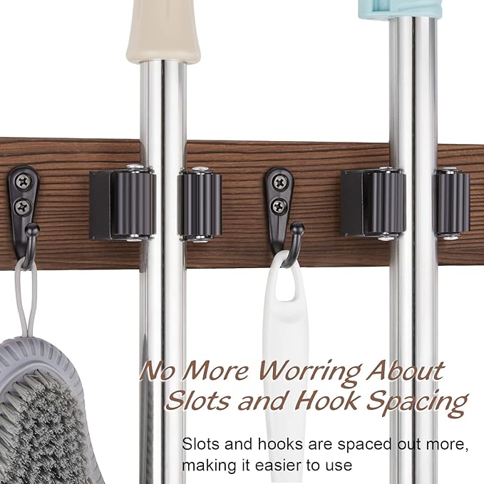 Mop Broom Holder Wall Mount with 3 Slots & 4 Hooks - Wood Broom Mop Hanger for Pantry Kitchen Organization - Garden Tool Organizer for Closet Laundry Room - for Rustic Farmhouse Kitchen Decor