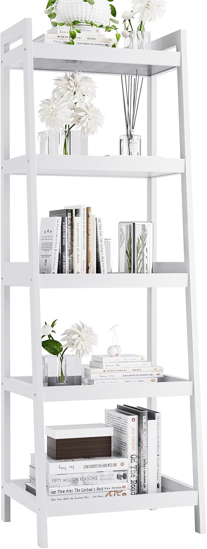 Bookshelf, 5 Tier Ladder Bookcase with Bamboo Frame, Freestanding Tall Narrow Display Plant Shelf for Living Room, Kitchen, Bedroom, Balcony, White