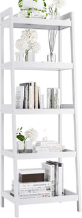 Bookshelf, 5 Tier Ladder Bookcase with Bamboo Frame, Freestanding Tall Narrow Display Plant Shelf for Living Room, Kitchen, Bedroom, Balcony, White