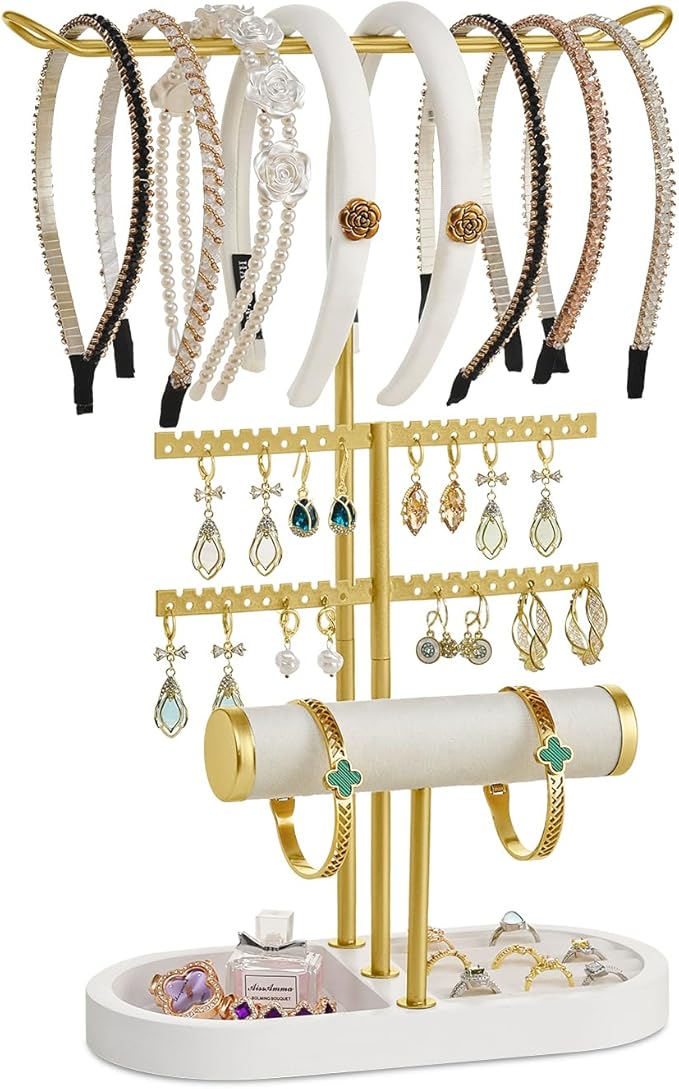 3 Tiers Jewelry Organizer, Earring Holder Organizer with 80 Holes, T-Bar Beige Velvet Bracelet Holder for HeadBands, Earrings, Bracelets, Rings Jewelry Holder Organizer- White Gold