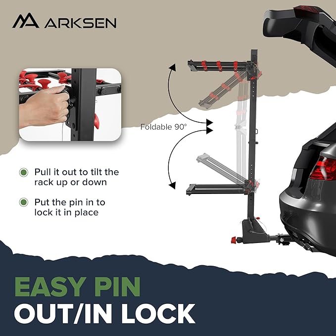 Arksen Folding Hitch-Mounted Ski/Snowboard Rack, Snowboard Mount Carries 6 Pair Skis or 4 Snowboards Fits 2" or 1.25" Receivers, Trailer Hitch Ski Rack with Key Lock, Security Strap, Tilt Access