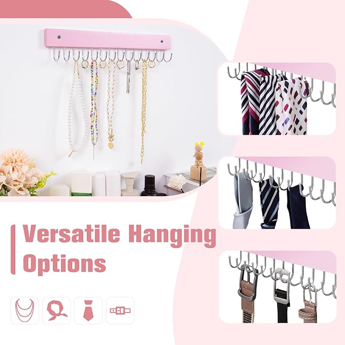 Wall Mounted Necklace Holder, Morden Style Necklace Holder, Tangle Free Wall Jewelry Organizer with 28 Hooks(2 Packs,Pink)