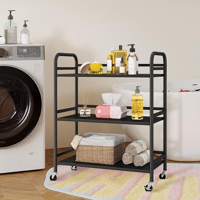 HDANI 3 Tier Metal Utility Multipurpose Rolling Cart,Large Capacity Heavy Duty Cart with Lockable Wheels Rolling Cart with 2 Lockable Wheels for Home,Office,Kitchen,Bathroom,Bedroom(Black)