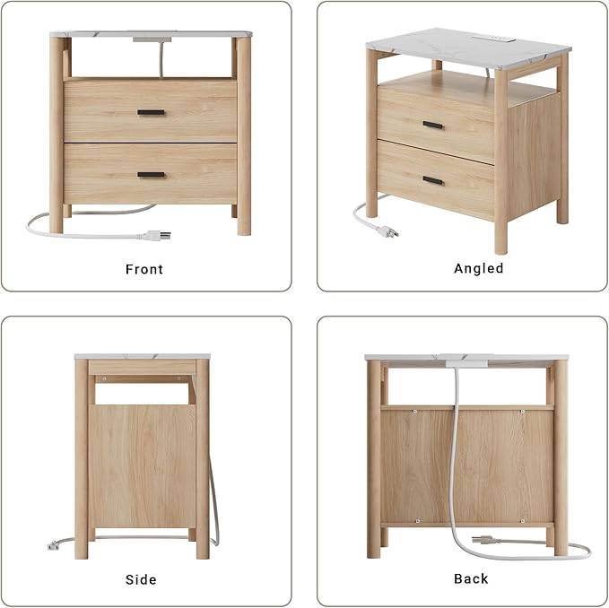 Night Stand Set of 2 with Charging Station, 24" Large Modern Nightstand with Faux Marble Top, 2 Drawers End Table with Solid Round Post Legs&Open Shelf, for Bedroom, Natural Oak
