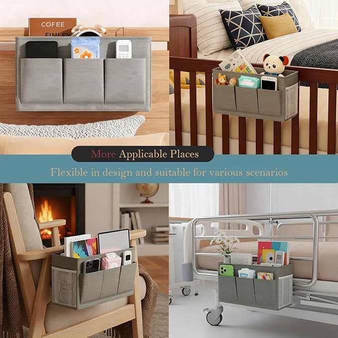 Dual-Purpose Bedside Caddy Organizer Hanging Storage Bag Dorm Storage for Home, Dorm, Bunk, Hospital Beds, Bed Caddy Holder with 6 Pockets for Magazines, Books, Phones, Remotes, Bottles