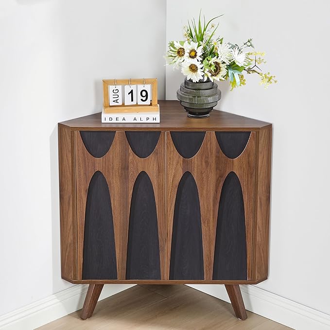 Small Corner Cabinet,Corner Floor Cabinet with Adjustable Doors and Shelve, Freestanding Narrow Storage Organizer for Kitchen Living Room Bathroom (Walnut and Black)