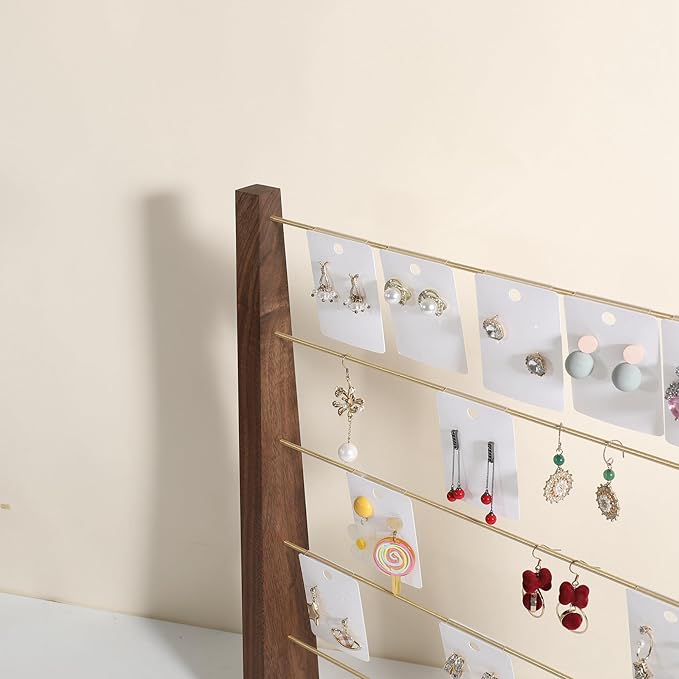 GemeShou 5 Tiers Walnut Earring display stands for selling, Wooden Jewelry Shelf, Earring Storage Organizer, Brass earring holders with 30 PVC cards for stud Dangle Hoop【Walnut 5-Tier】