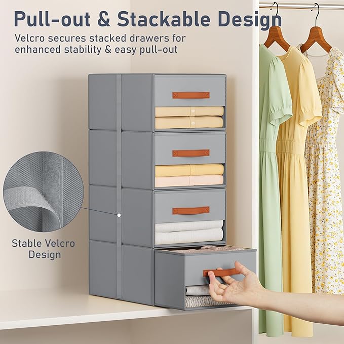 DIMJ Closet Organizers and Storage - Fabric Bins with Drawers for Closet Clothes Organizers with Clear Window, Stackable Storage Drawers Units for Bedroom, Living Room, 4 Pack, Grey
