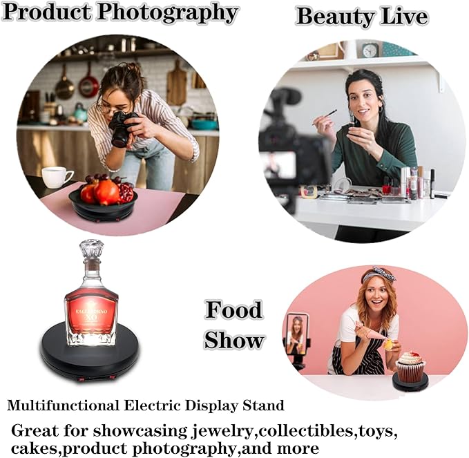 JAYEGT Motorized Rotating Display Stand with LED Light , 10 inch /55lbs Load, 360 Degree Electronic Photography Turntable for Product Show, Jewelry, Crystal Art (Black / 5 Colors LED Light /Rechargeable)