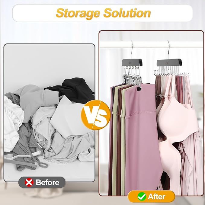 TOPIA HANGER 2 Pack Bra Hanger with Leggings Organizer, 2-in-1 Space Saving Hangers Neatly Store Max 20 Bras and 10 Leggings, Pants Jeans Shorts Skirt Tank Top Hanger for Closet Black CT76B