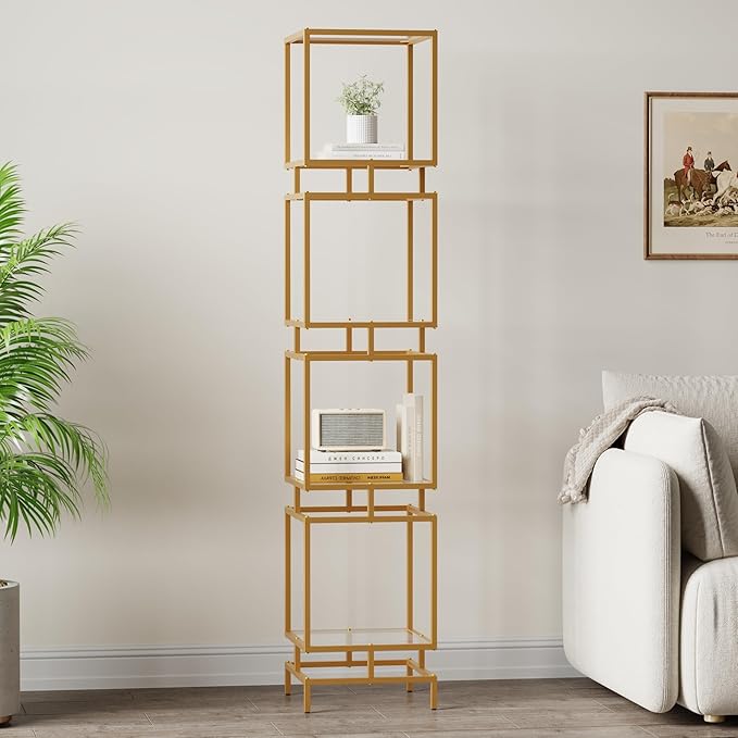 4 Cube Glass Shelf, 4-Tier Bookshelf, Display Shelf Rack, Metal Storage Rack with Tempered Glass, Modern Style for Living Room, Bathroom, Kitchen, Golden