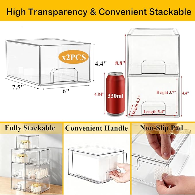 6 Pack Clear Stackable Storage Drawers & Qtip Holder Dispenser with Bamboo Lids, Clear Plastic Storage Containers for Bathroom, Vanity, Undersink, Kitchen Cabinets, Pantry, Home Organization