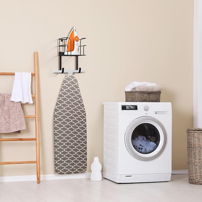 ORLESS Over The Door/Wall Mount Ironing Board Hanger, Laundry Room Iron and Ironing Board Caddy Storage Holder, Black