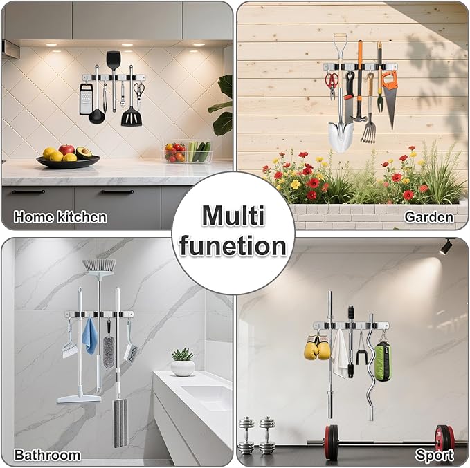 Broom Holder Wall Mount, Broom Organizer Wall Mount Stainless Steel Broom and Mop Hanger Heavy Duty Storage Organization for Home Kitchen Garden Garage Room 3 Racks 4 Hooks Black