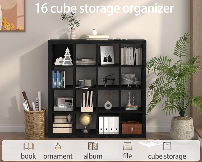 furtble Bookshelf with Storage Bins, 16-Cube Storage Organizer with Back Panels, Modern Wood Open Bookcase, Multifunctional Display Shelf for Living Room, Bedroom, Home Office, Black