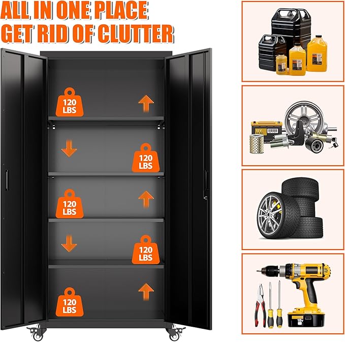 Aobabo 73" H Metal Storage Cabinet with Wheels for Garage, Rolling Tool Cabinet with 4 Shelves, for Home Office, Black, Assembly Required