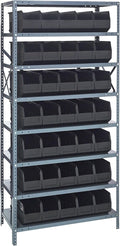 Quantum 1875-461BK Heavy Duty Shelving Unit with (8) Shelves and (35) SSB461 Black Bins for Industrial Warehouse Storage Distribution | 400 lbs Capacity | 18"D x 36"L x 75"H, Galvanized Carbon Steel